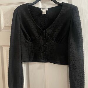 Black Smocked Long Sleeve Crop Blouse